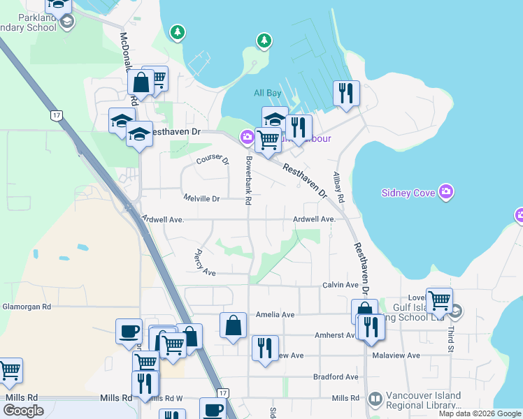 map of restaurants, bars, coffee shops, grocery stores, and more near 10344 Devlin Place in Sidney