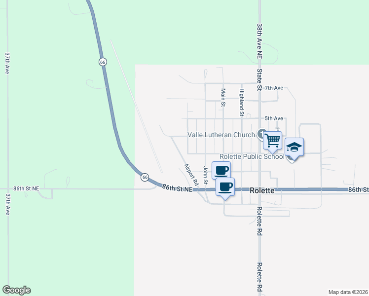 map of restaurants, bars, coffee shops, grocery stores, and more near 301 1st Avenue in Rolette