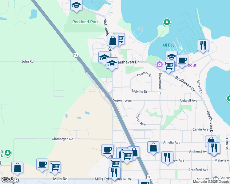 map of restaurants, bars, coffee shops, grocery stores, and more near 10351 McDonald Park Road in Sidney