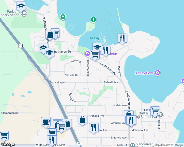 map of restaurants, bars, coffee shops, grocery stores, and more near 10344 Devlin Place in Sidney