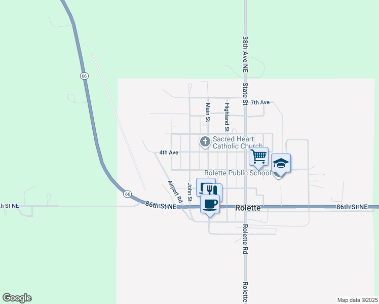 map of restaurants, bars, coffee shops, grocery stores, and more near 500 John Street in Rolette