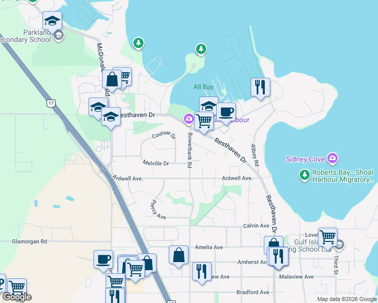 map of restaurants, bars, coffee shops, grocery stores, and more near 2104 Colinwood Road in Sidney