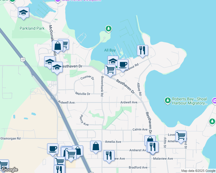 map of restaurants, bars, coffee shops, grocery stores, and more near 2111 Colinwood Road in Sidney