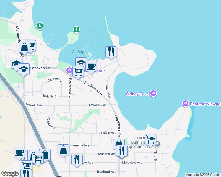 map of restaurants, bars, coffee shops, grocery stores, and more near 10410 Allbay Road in Sidney