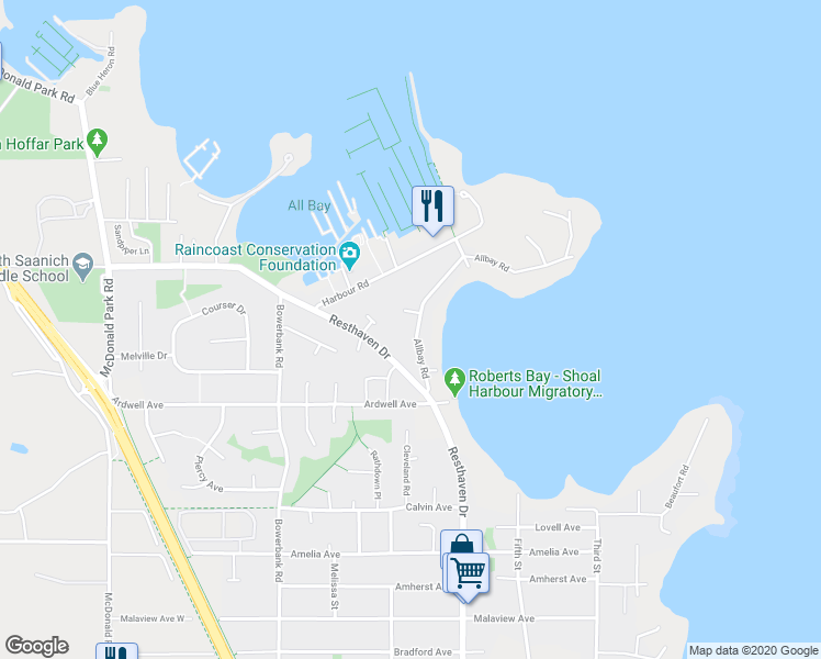 map of restaurants, bars, coffee shops, grocery stores, and more near 10410 Allbay Road in Sidney
