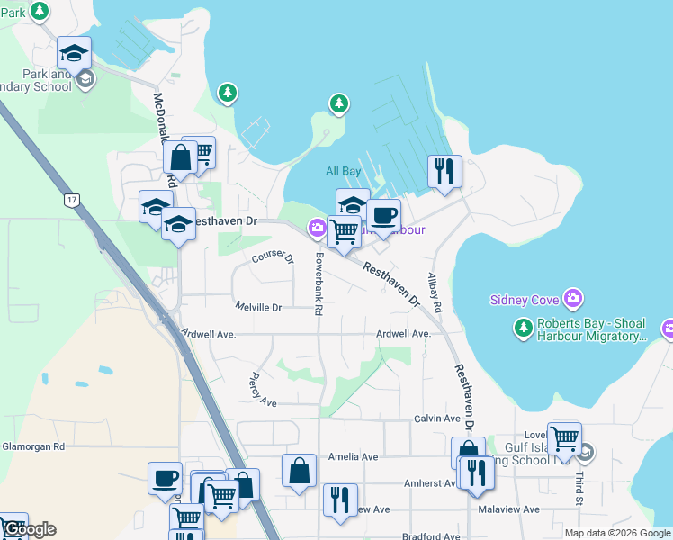map of restaurants, bars, coffee shops, grocery stores, and more near 2104 Colinwood Road in Sidney