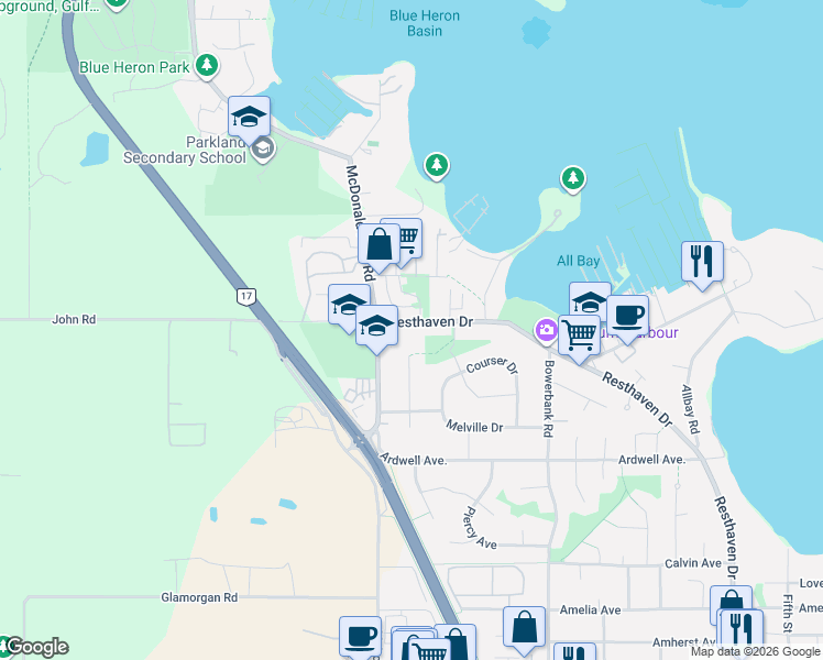 map of restaurants, bars, coffee shops, grocery stores, and more near 10494 Resthaven Drive in Sidney