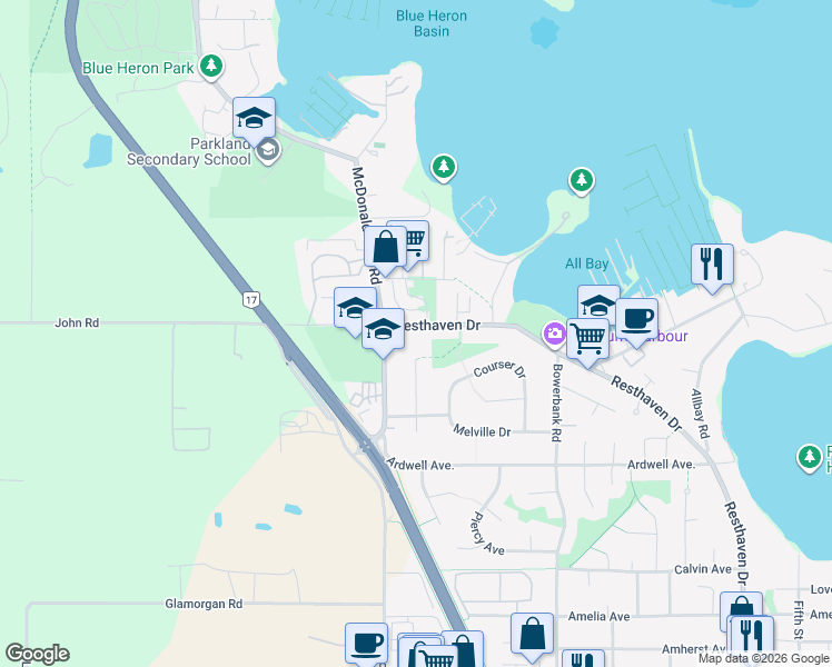 map of restaurants, bars, coffee shops, grocery stores, and more near 10494 Resthaven Drive in Sidney