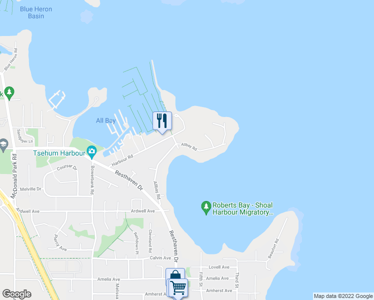 map of restaurants, bars, coffee shops, grocery stores, and more near 10453 Allbay Road in Sidney