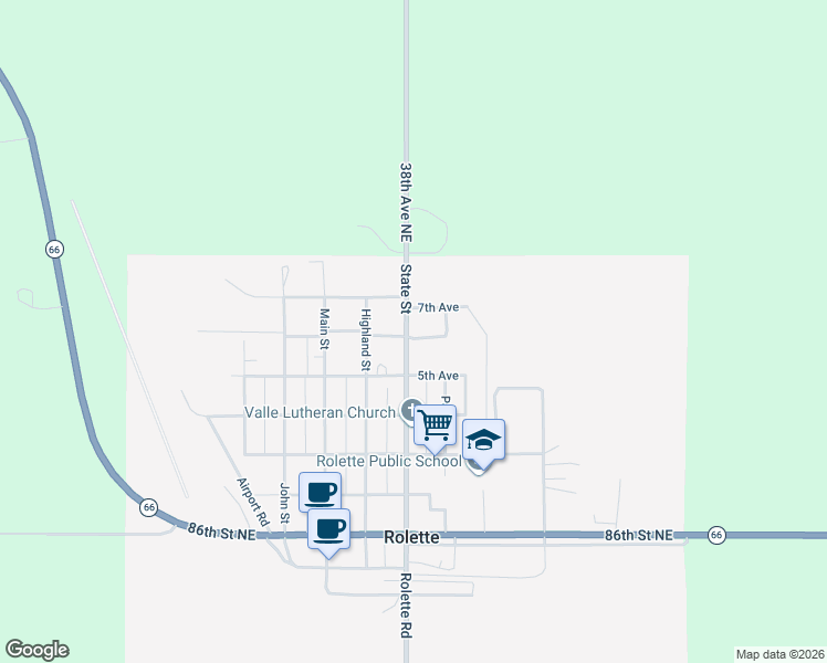 map of restaurants, bars, coffee shops, grocery stores, and more near 701 6th Avenue in Rolette