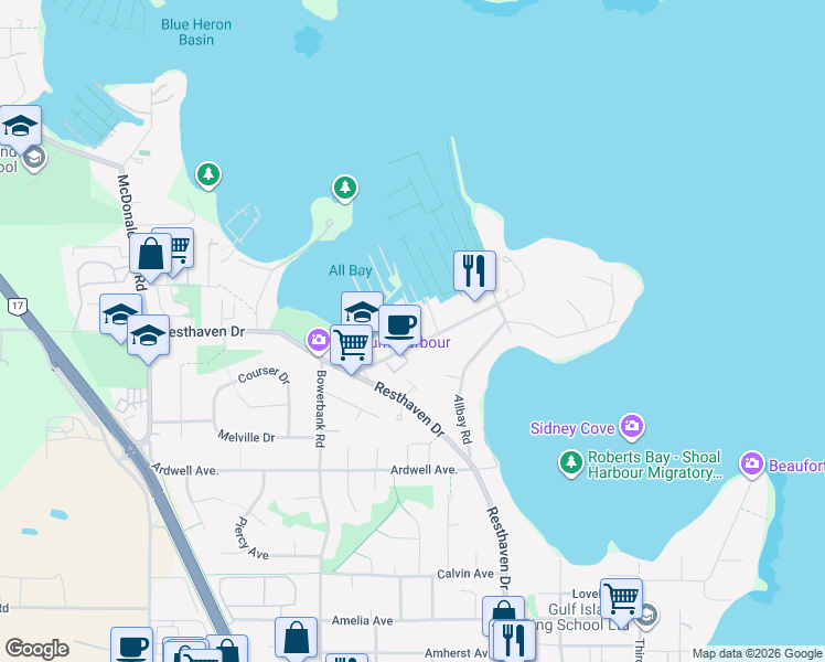 map of restaurants, bars, coffee shops, grocery stores, and more near 2244 Harbour Road in Sidney