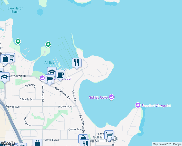map of restaurants, bars, coffee shops, grocery stores, and more near 10453 Allbay Road in Sidney
