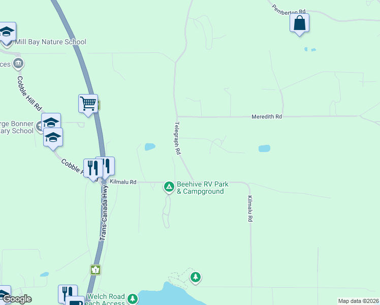 map of restaurants, bars, coffee shops, grocery stores, and more near 3049 Telegraph Road in Mill Bay