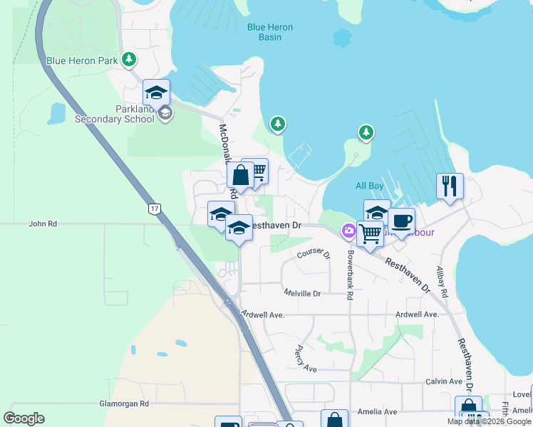 map of restaurants, bars, coffee shops, grocery stores, and more near 10494 Resthaven Drive in Sidney