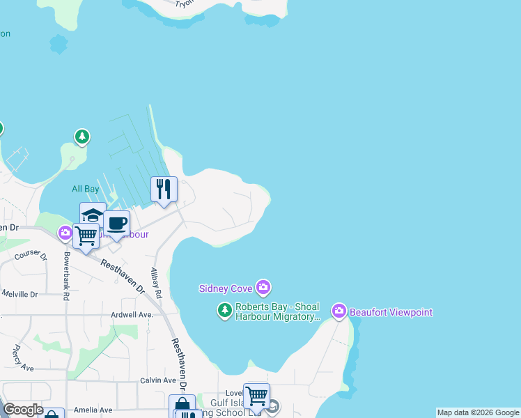 map of restaurants, bars, coffee shops, grocery stores, and more near 10507 Allbay Road in Sidney