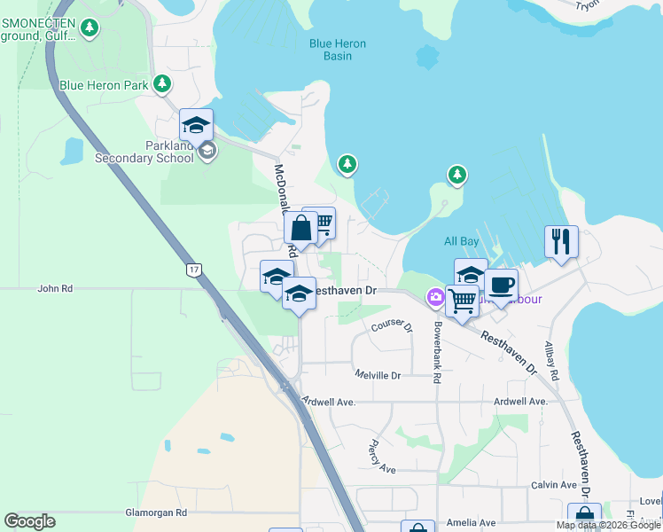 map of restaurants, bars, coffee shops, grocery stores, and more near 2050 White Birch Road in Sidney