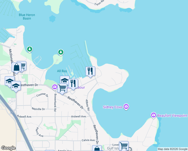 map of restaurants, bars, coffee shops, grocery stores, and more near 2324 Harbour Road in Sidney