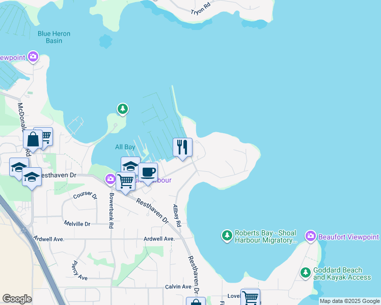 map of restaurants, bars, coffee shops, grocery stores, and more near 2324 Harbour Road in Sidney