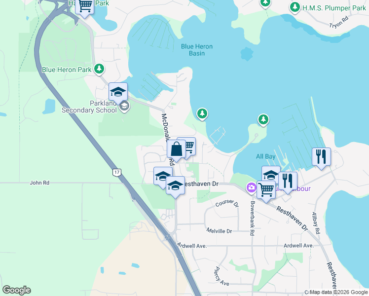 map of restaurants, bars, coffee shops, grocery stores, and more near 29 White Birch Road in Sidney