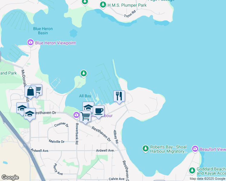 map of restaurants, bars, coffee shops, grocery stores, and more near Dock D in Sidney
