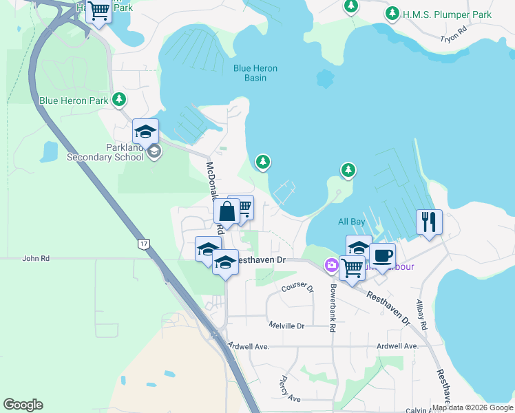map of restaurants, bars, coffee shops, grocery stores, and more near 29 White Birch Road in Sidney