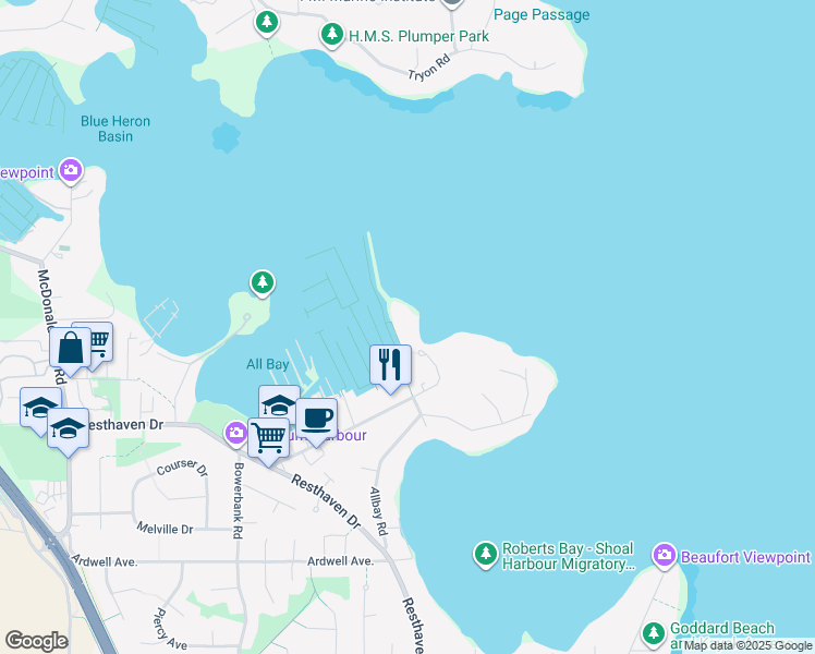 map of restaurants, bars, coffee shops, grocery stores, and more near 2330 Harbour Road in Sidney