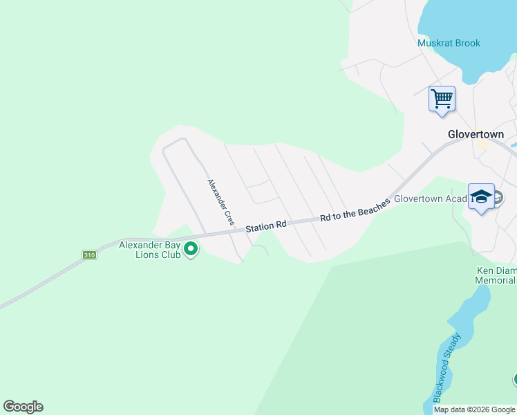 map of restaurants, bars, coffee shops, grocery stores, and more near 10 Alexander Crescent in Glovertown