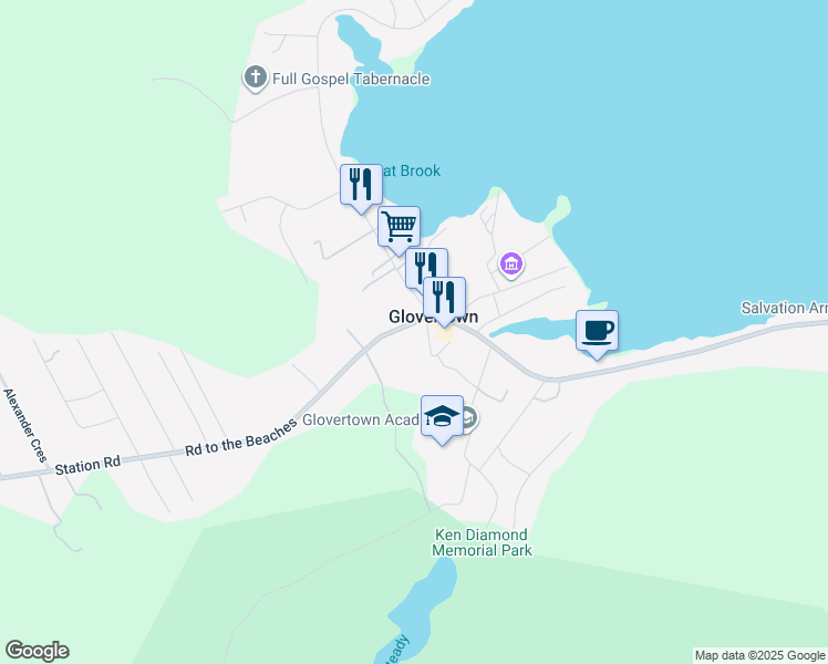 map of restaurants, bars, coffee shops, grocery stores, and more near 5 Station Road in Glovertown