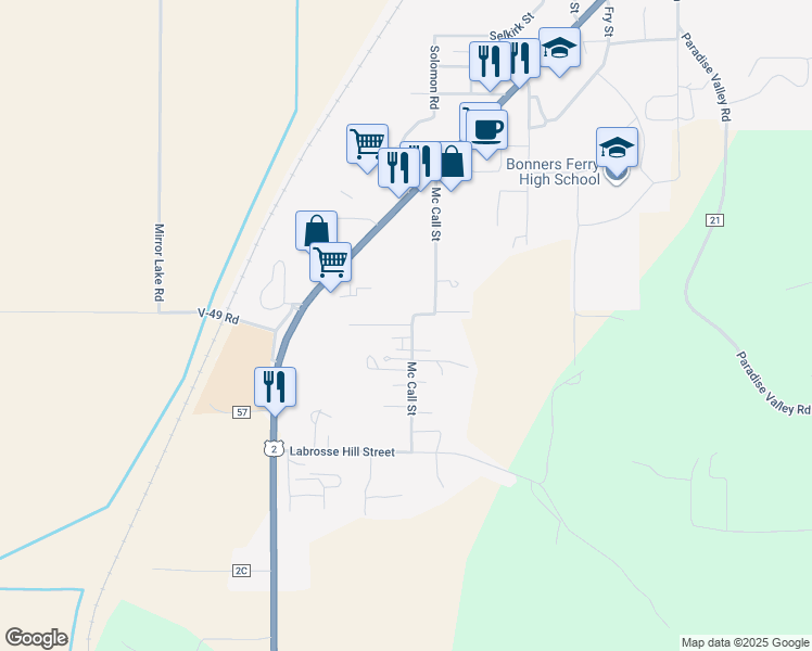 map of restaurants, bars, coffee shops, grocery stores, and more near 6308 Mc Call Street in Bonners Ferry