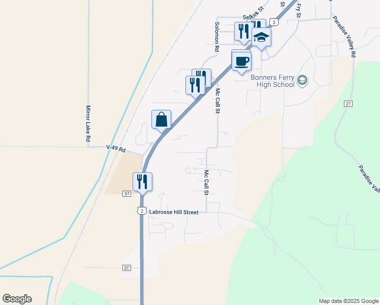 map of restaurants, bars, coffee shops, grocery stores, and more near 6308 Mc Call Street in Bonners Ferry