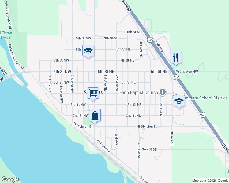 map of restaurants, bars, coffee shops, grocery stores, and more near 401 2nd Avenue Northeast in Kenmare