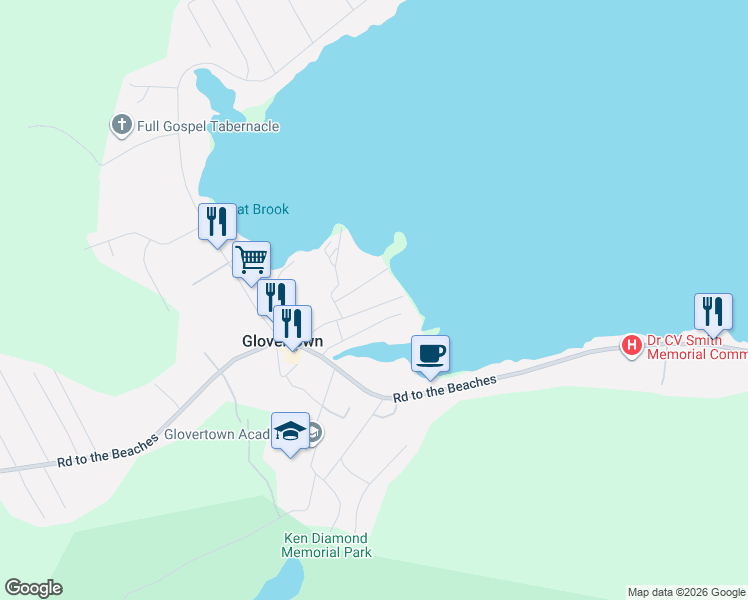 map of restaurants, bars, coffee shops, grocery stores, and more near 17 Memorial Street in Glovertown