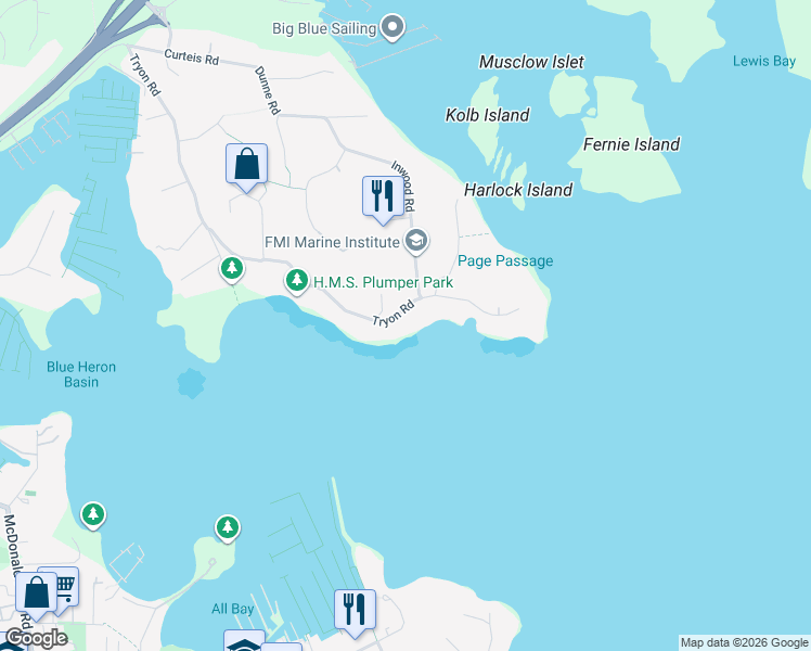 map of restaurants, bars, coffee shops, grocery stores, and more near 2345 Tryon Road in North Saanich