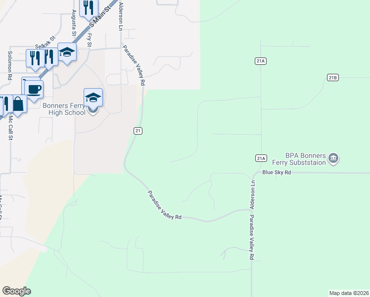 map of restaurants, bars, coffee shops, grocery stores, and more near 493 Scenic in Bonners Ferry