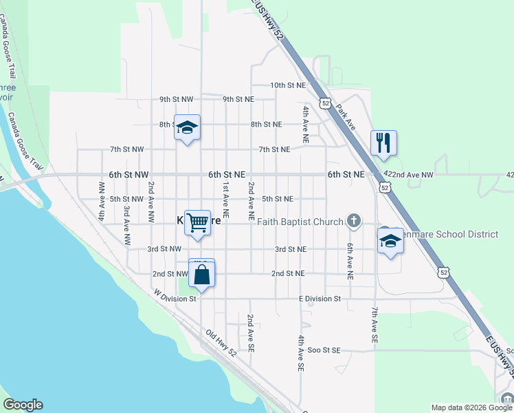 map of restaurants, bars, coffee shops, grocery stores, and more near 401-499 2nd Avenue Northeast in Kenmare