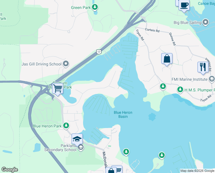 map of restaurants, bars, coffee shops, grocery stores, and more near 1943 Marina Way in Capital Regional District