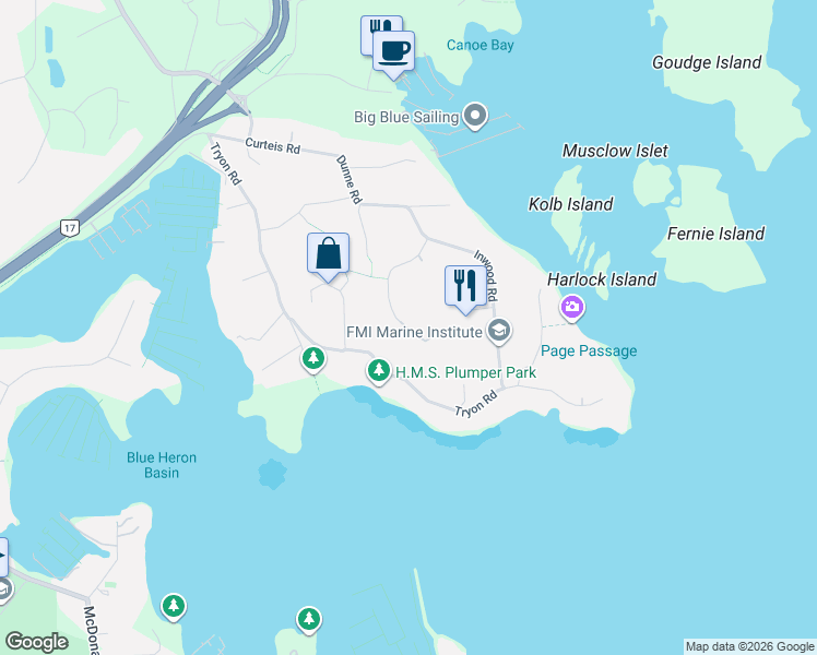 map of restaurants, bars, coffee shops, grocery stores, and more near 10892 Boas Road in North Saanich