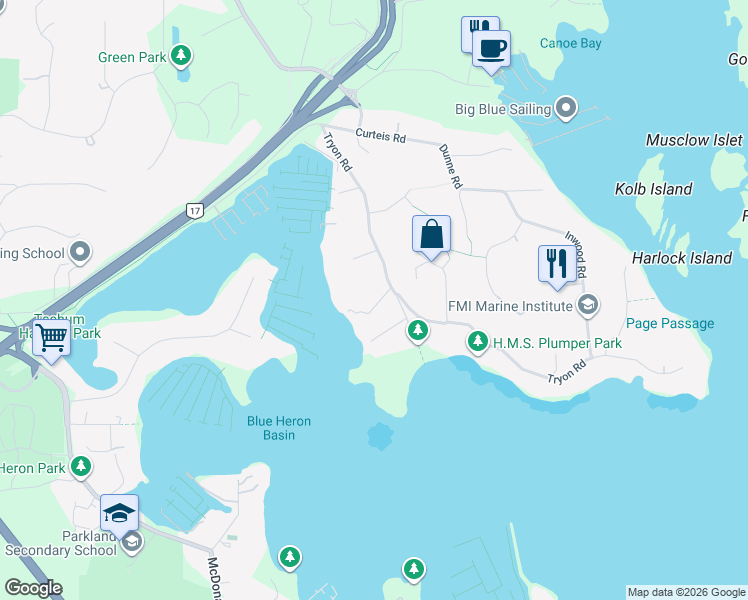 map of restaurants, bars, coffee shops, grocery stores, and more near 2157 Tryon Road in North Saanich