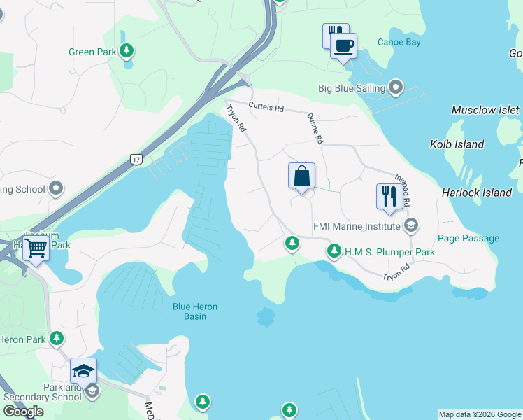 map of restaurants, bars, coffee shops, grocery stores, and more near 2157 Tryon Road in North Saanich
