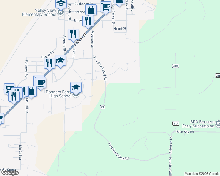map of restaurants, bars, coffee shops, grocery stores, and more near 6505 Tannenbaum Lane in Bonners Ferry