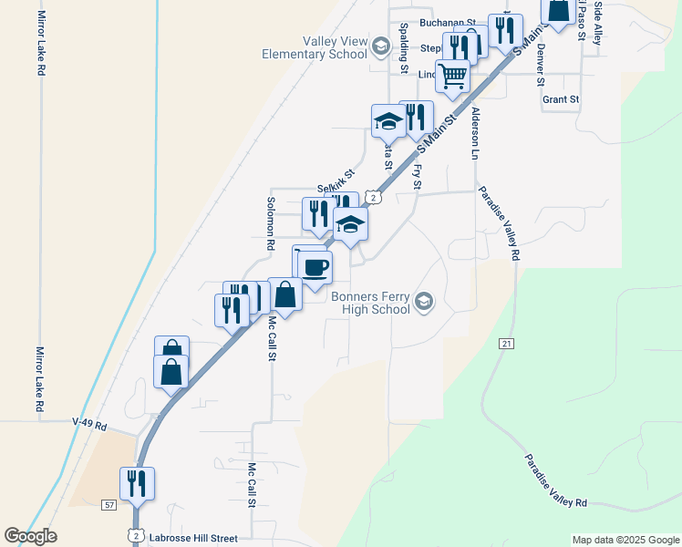 map of restaurants, bars, coffee shops, grocery stores, and more near 6487 Walker Lane in Bonners Ferry