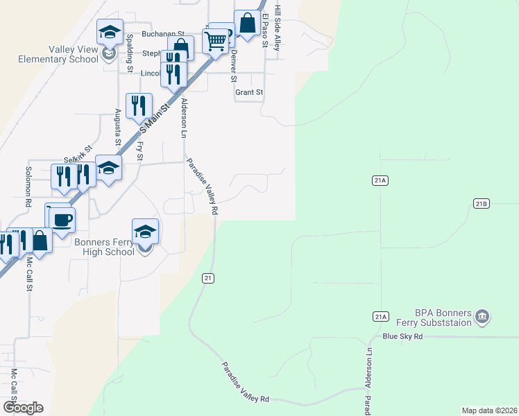 map of restaurants, bars, coffee shops, grocery stores, and more near 6505 Tannenbaum Lane in Bonners Ferry