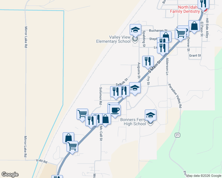 map of restaurants, bars, coffee shops, grocery stores, and more near Roosevelt Street in Bonners Ferry
