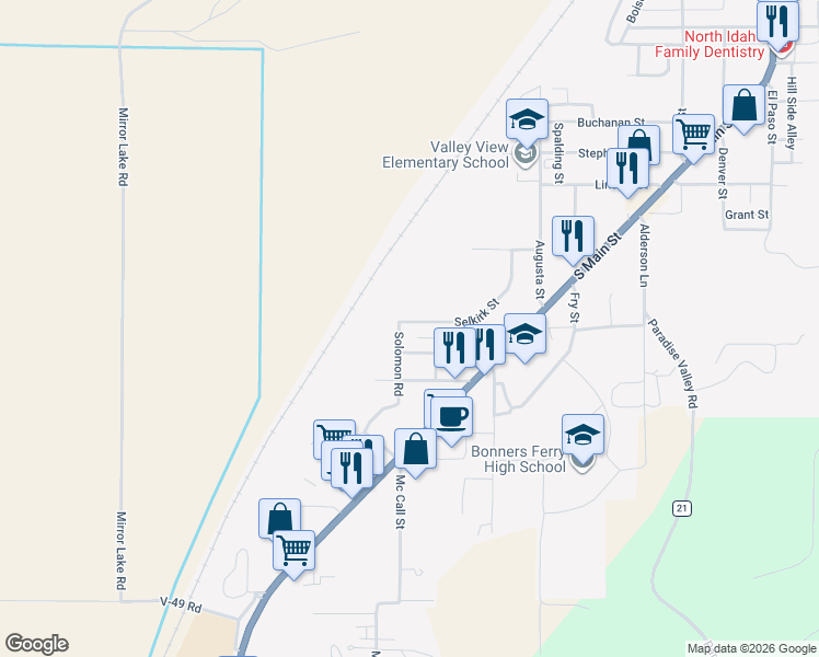map of restaurants, bars, coffee shops, grocery stores, and more near 416 Roosevelt Street in Bonners Ferry