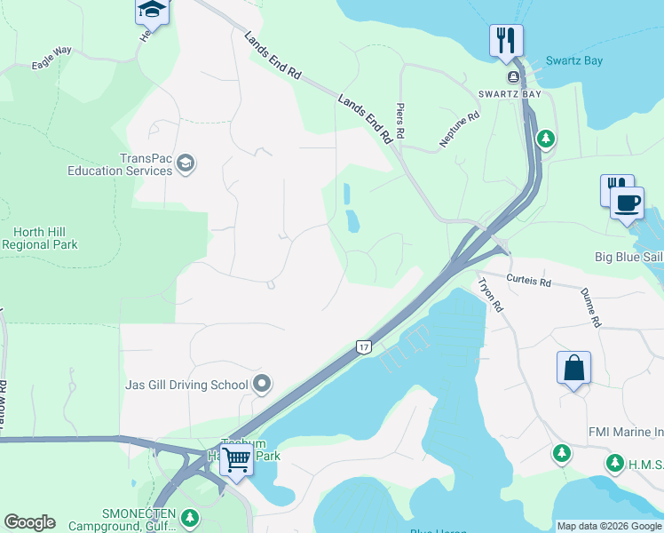 map of restaurants, bars, coffee shops, grocery stores, and more near 11074 Larkspur Lane in North Saanich