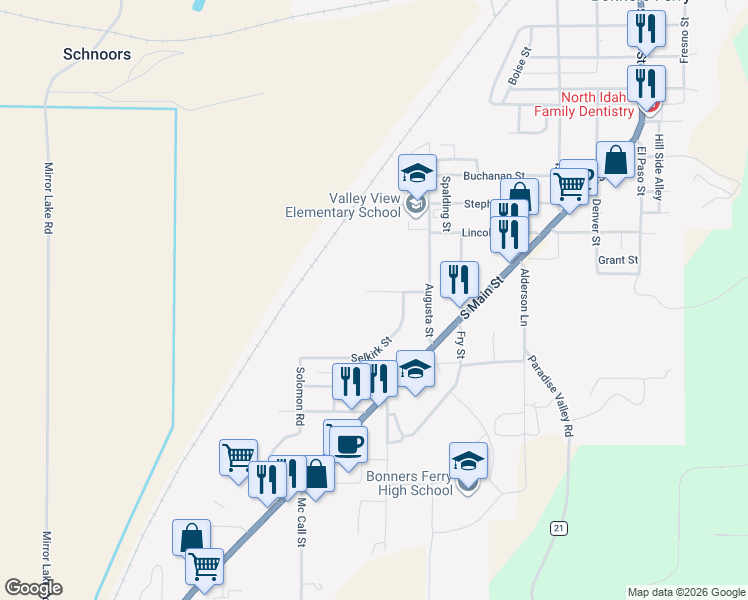 map of restaurants, bars, coffee shops, grocery stores, and more near 6762 Wilson Street in Bonners Ferry