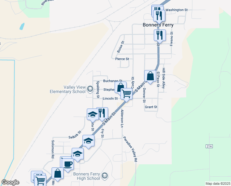 map of restaurants, bars, coffee shops, grocery stores, and more near 6643 Stephens in Bonners Ferry