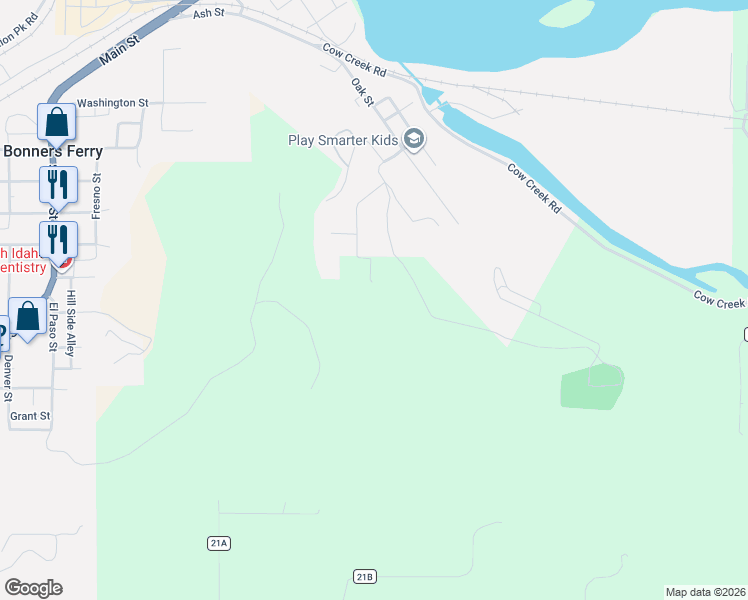map of restaurants, bars, coffee shops, grocery stores, and more near 6267 Hemlock Street in Bonners Ferry
