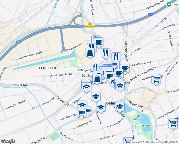 map of restaurants, bars, coffee shops, grocery stores, and more near 14 Konrad-Zuse-Straße in Böblingen