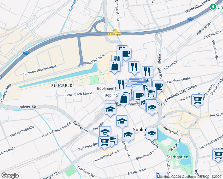 map of restaurants, bars, coffee shops, grocery stores, and more near 14 Konrad-Zuse-Straße in Böblingen